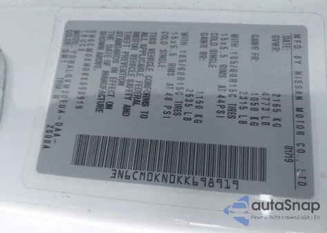 2019 Nissan Nv200 Sv z USA, uszkodzony, nr VIN 3N6CM0KN0KK698919